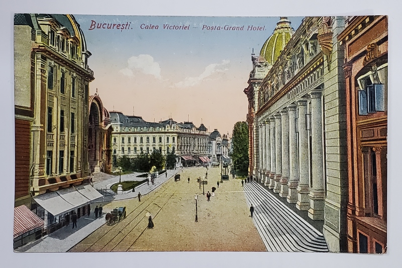 BUCURESTI , CALE VICTORIEI , POSTA SU GRAND HOTEL , CARTE POSTALA ILUSTRATA , INCEPUTUL SEC. XX