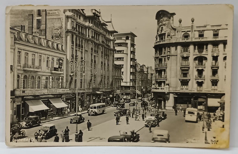BUCURESTI , CALEA VICTORIEI , ZONA DIN FATA ATENEULUI ROMAN SI HOTELUL ' ATHENEE PALACE ' , CARTE POSTALA , 1924