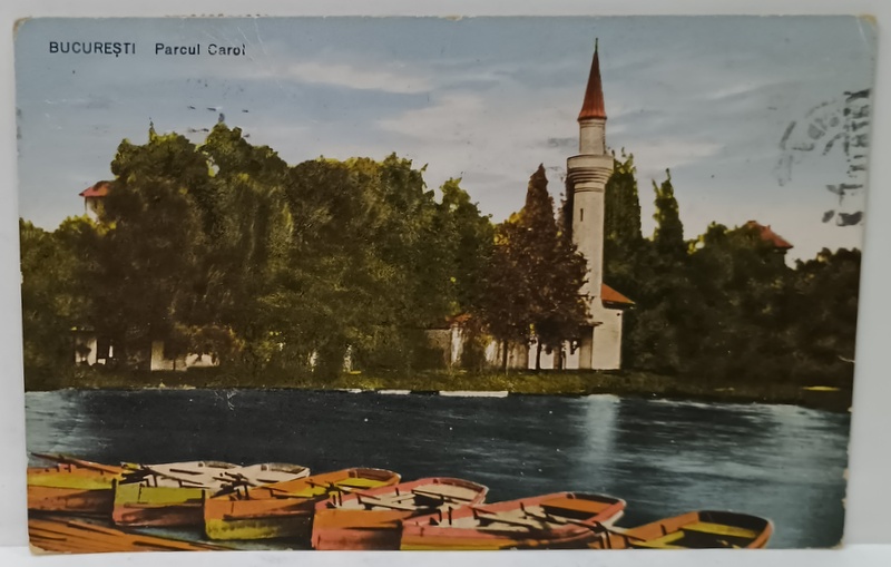 BUCURESTI , PARCUL CAROL, DEBARCADERUL SI MOSCHEEA IN PLAN DEPARTAT , CARTE POSTALA , 1928