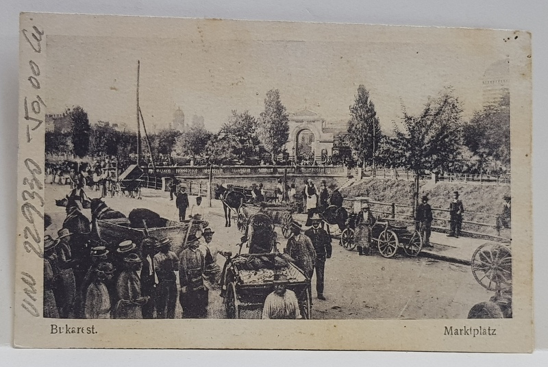 BUCURESTI , PIATA IMPROVIZATA PE MALUL DAMBOVITEI , CARTE POSTALA ILUSTRATA , MONOCROMA, CIRCULATA , DATATA 1918