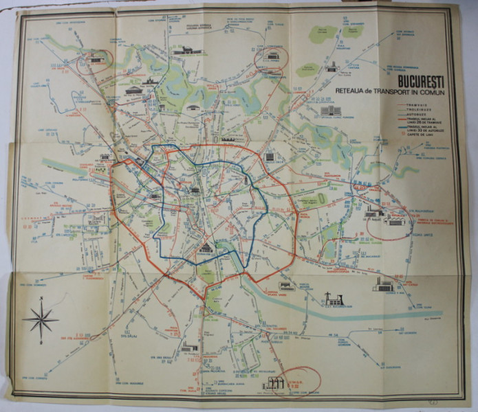 BUCURESTI , RETEAUA DE TRANSPORT IN COMUN , HARTA, ANII ' 60- ' 70