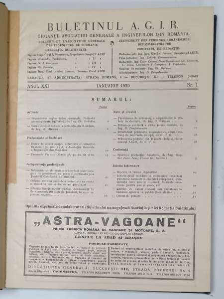 BULETINUL  A.G.I.R. , ORGANUL ASOCIATIEI  GENERALE A INGINERILOR DIN ROMANIA , ANUL XXI , COMPLET , COLEGAT DE 12 NUMERE , IANUARIE - DECEMBRIE , 1939
