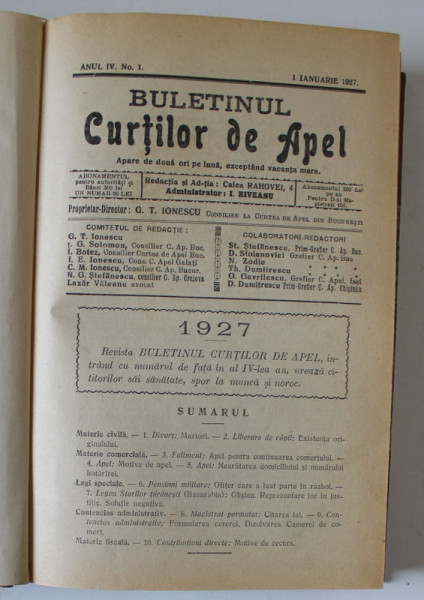 BULETINUL CURTILOR DE APEL , ANUL IV , COLEGAT DE 20 DE  NUMERE , APARUTE INTRE 1 IANUARIE - 15 DECEMBRIE , 1927