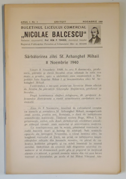 BULETINUL LICEULUI COMERCIAL NICOLAE BALCESCU , ANUL I , NUMARUL 7 , NOEMBRIE , 1940