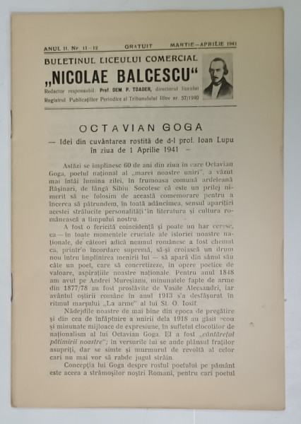 BULETINUL  LICEULUI COMERCIAL ' NICOLAE BALCESCU ' , BUCURESTI ,  NR.11-12 ,  1941
