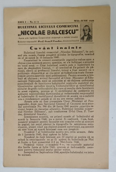 BULETINUL  LICEULUI COMERCIAL ' NICOLAE BALCESCU ' , BUCURESTI ,  NR.2-3 ,  1940