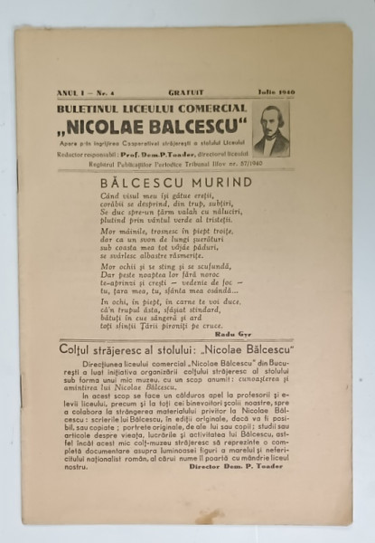 BULETINUL  LICEULUI COMERCIAL ' NICOLAE BALCESCU ' , BUCURESTI ,  NR.4  ,  1940