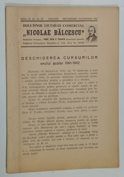 BULETINUL LICEULUI COMERCIAL ' NICOLAE BALCESCU ' , NR. 16 - 17 , SEPT . - OCT. , 1941
