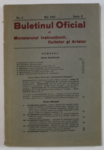 BULETINUL OFICIAL AL MINISTERULUI INSTRUCTIUNII , CULTELOR SI ARTELOR , NO.2 , MAI 1932 , SERIA II