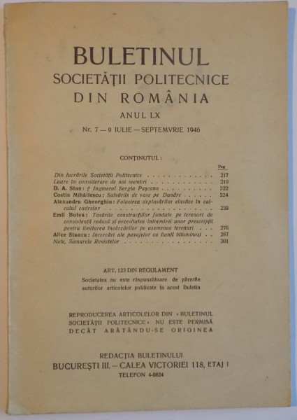 BULETINUL SOCIETATII POLITECNICE DIN ROMANIA , ANUL 60 , NR. 7-9 IULIE SEPTEMBRIE 1946