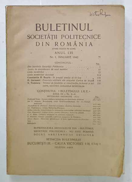 BULETINUL SOCIETATII POLITECNICE DIN ROMANIA , ANUL LVI , NR. 1 , IANUARIE , 1942