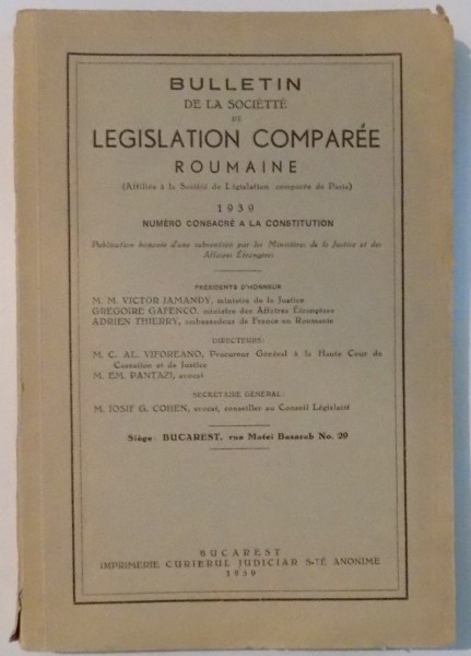 BULLETIN DE LA SOCIETTE DE LEGISLATION COMPAREE ROUMAINE , 1939