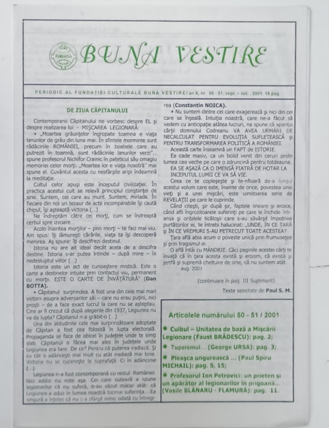 BUNA VESTIRE , PERIODIC AL FUNDATIEI CULTURALE BUNA VESTIRE , NR. 50 - 51, 2001