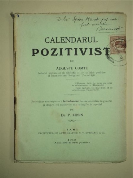 CALENDARUL POZITIVIST, de AUGUST COMTE, IASI 1913