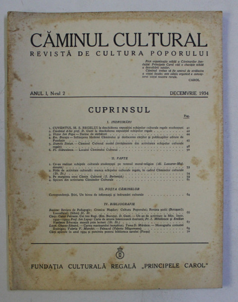 CAMINUL CULTURAL - REVISTA DE CULTURA POPORULUI , ANUL I , NR. 2 , DECEMVRIE , 1934