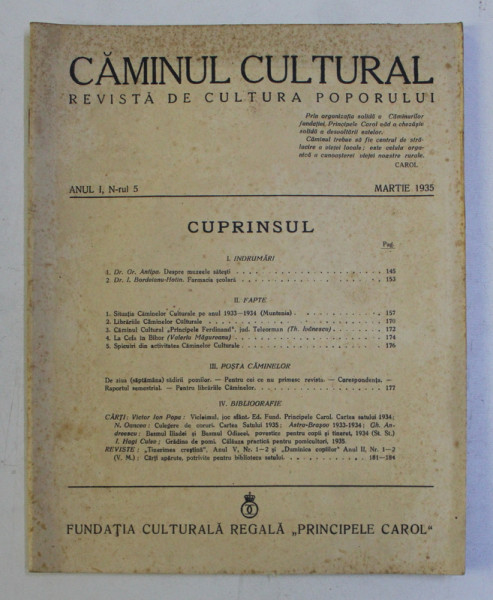 CAMINUL CULTURAL - REVISTA DE CULTURA POPORULUI , ANUL I , NR. 5 , MARTIE  , 1935