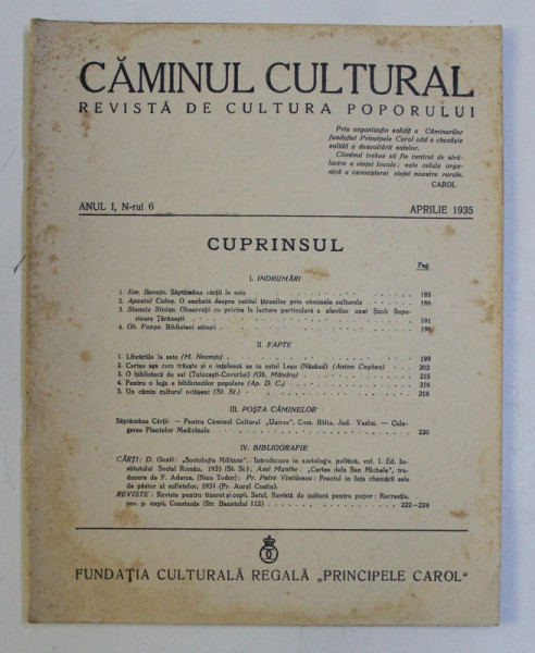 CAMINUL CULTURAL - REVISTA DE CULTURA POPORULUI , ANUL I , NR. 6 , APRILIE  , 1935