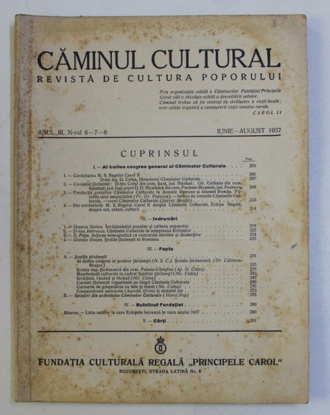 CAMINUL CULTURAL - REVISTA DE CULTURA POPORULUI , ANUL III  , NR. 6-7-8  , IUNIE  - AUGUST , 1937