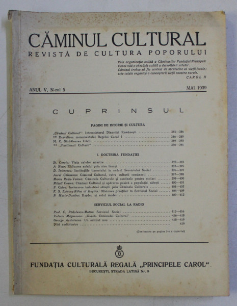 CAMINUL CULTURAL - REVISTA DE CULTURA POPORULUI , ANUL V , NR. 5 , MAI  , 1939