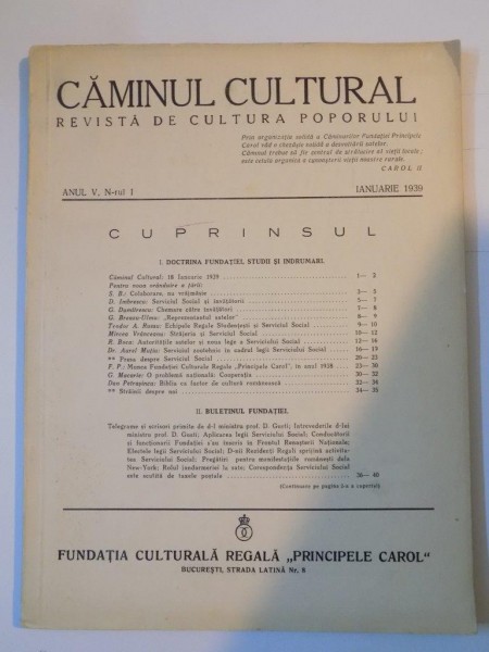 CAMINUL CULTURALA. REVISTA DE CULTURA POPORULUI, ANUL V, NR. 1, IANUARIE 1939