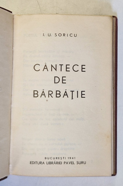 CANTECE DE BARBATIE , poezii de I. U. SORICU , 1941