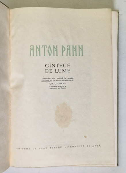 CANTECE DE LUME de ANTON PANN , 1955