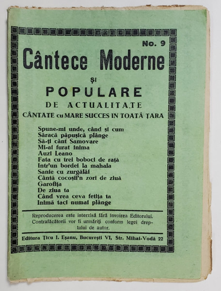 CANTECE MODERNE SI POPULARE DE ACTUALITATE , No. 9, EDITIE INTERBELICA