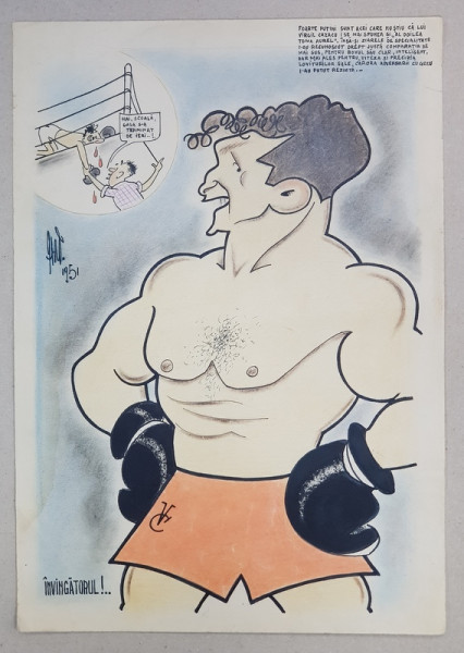 CARICATURA  ' INVINGATORUL '  -  BOXERUL VIRGIL CAZACU -  , SEMNATA INDESCIFRABIL SI DATATA  1951