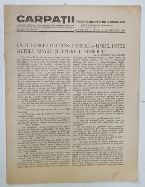 CARPATII , REVISTA DE VANATOARE , PESCUIT , CHINOLOGIE , NR. 8 , AUGUST 1944