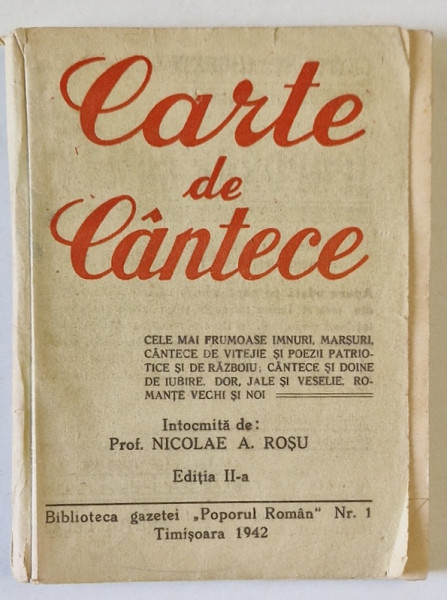 CARTE DE CANTECE , intocmita de NICOLAE A. ROSU , TEXTE , 1942