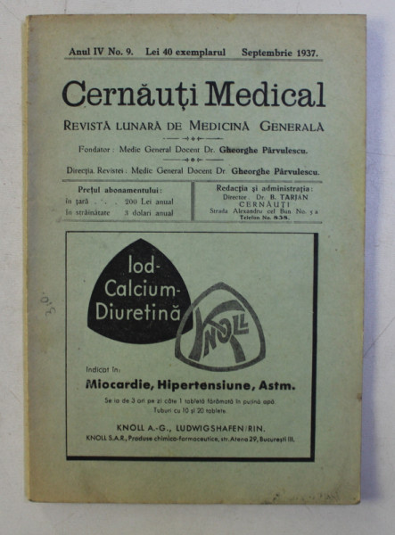 CERNAUTI MEDICAL - REVISTA LUNARA DE MEDICINA GENERALA , ANUL IV , NO. 9 , SEPTEMBRIE  , 1937
