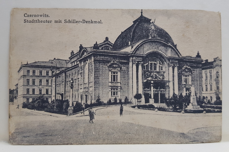 CERNAUTI , TEATRUL ORASENESC SI MONUMENTUL LUI SCHILLER , CARTE POSTALA ILUSTRATA , INCEPUTUL SEC. XX