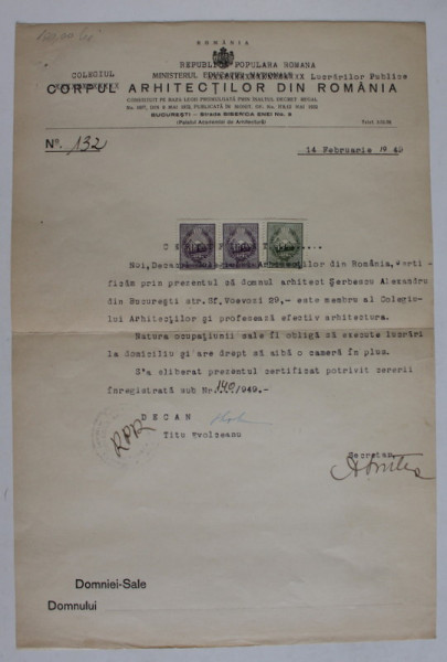 CERTIFICAT ELIBERAT DE CORPUL ( COLEGIUL  )ARHITECTILOR DIN ROMANIA , 1949