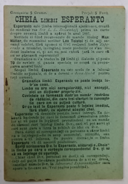 CHEIA LIMBII ESPERANTO , INCEPUTUL SEC. XX