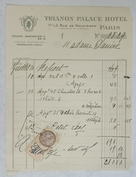 CHITANTA ELIBERATA  FAMILIEI DOCTORULUI CONSTANTIN DANIEL DE HOTELUL  ' TRIANON  PALACE ' DIN PARIS , 1932