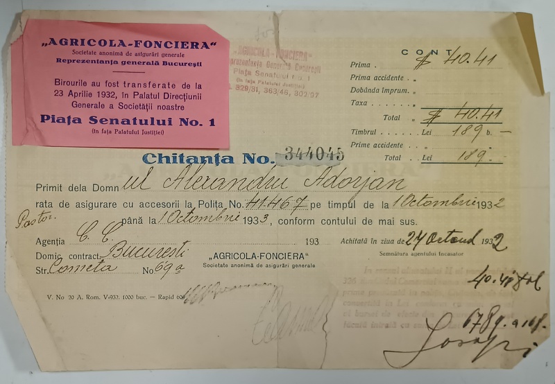 CHITANTA EMISA DE SOCIETATEA  DE ASIGURARI GENERALE ' AGRICOLA - FONCIERA ' , 1933