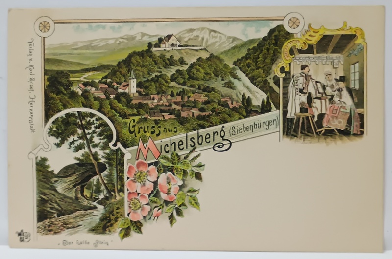 CISNADIOARA  (MICHELSBERG  ) , VEDERE GENERALA ,' DER HALBE STEIN ' SI INTERIOR DE CASA TARANEASCA , CARTE POSTALA ILUSTRATA , CROMOLITOGRAFIE , CLASICA