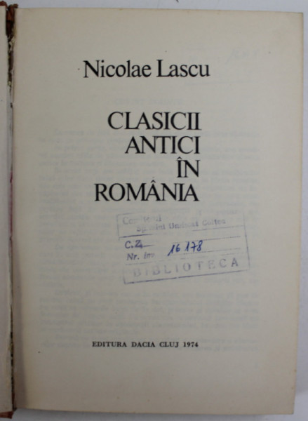 CLASICII ANTICI IN ROMANIA-NICOLAE LASCU  CLUJ 1974