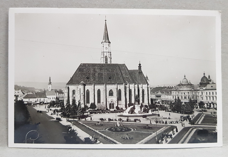 CLUJ , STATUIA LUI MATEI CORVIN SI CATEDRALA ROMANO - CATOLICA , CARTE POSTALA ILUSTRATA , MONOCROMA, NECIRCULATA , PERIOADA INTERBELICA