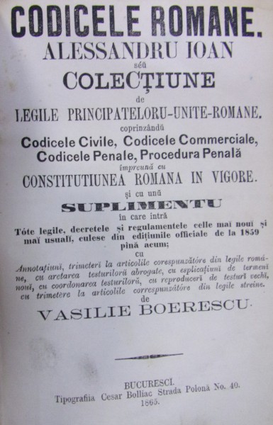 CODICELE ROMANE de VASILE BOERESCU (1865)