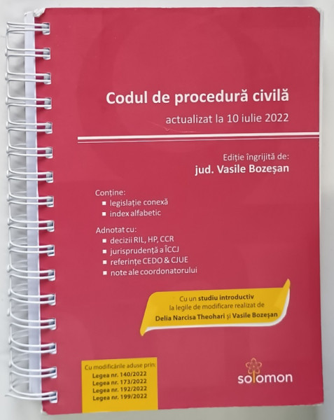 CODUL DE PROCEDURA CIVILA , editie ingrijita de VASILE BOZESAN , 2022