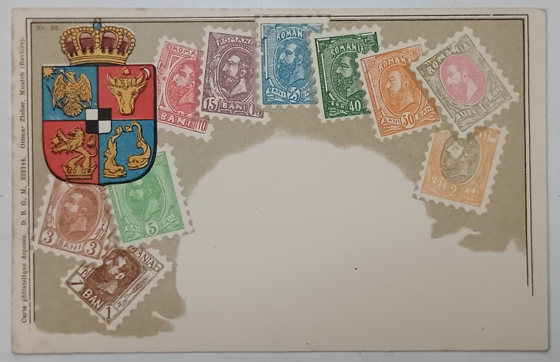 COLAJ CU ZECE TIMBRE DE VALORI DIFERITE  CU PORTRETUL REGELUI CAROL I SI STEMA REGATULUI ROMANIEI , CROMOLITOGRAFIE , FORMAT CARTE POSTALA , CLASICA , CCA. 1900