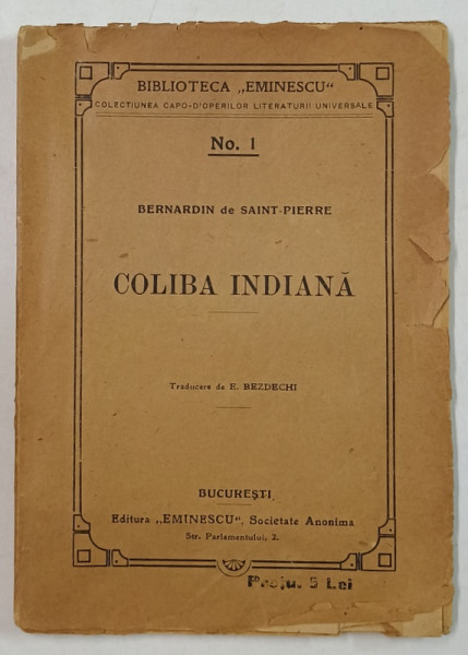 COLIBA INDIANA de BERNARDIN DE SAINT PIERRE , EDITIE DE INCEPUT DE SECOL XX