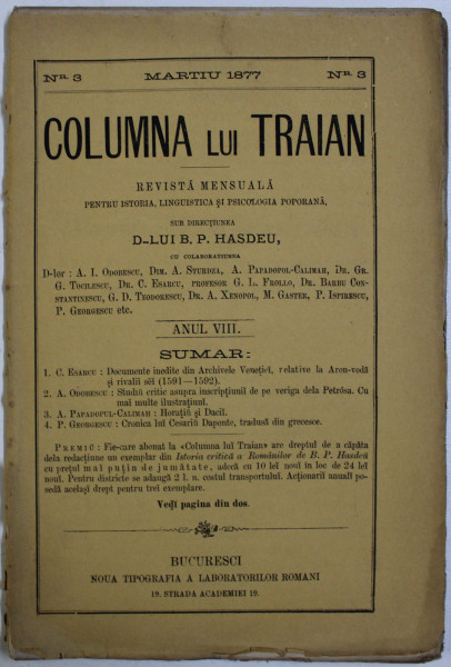 COLUMNA LUI TRAIAN - REVISTA MENSUALA PENTRU ISTORIA , LINGUISTICA SI PSICOLOGIA POPORANA , ANUL VIII , NR . 3 , MARTIU , 1877