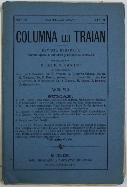 COLUMNA LUI TRAIAN - REVISTA MENSUALA PENTRU ISTORIA , LINGUISTICA SI PSICOLOGIA POPORANA , ANUL VIII , NR . 4 , APRILIE , 1877
