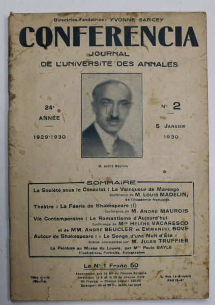 CONFERENCIA , JOURNAL DE L ' UNIVERSITE DES ANNALES , JANVIER , 1930 , VEZI DESCRIEREA !