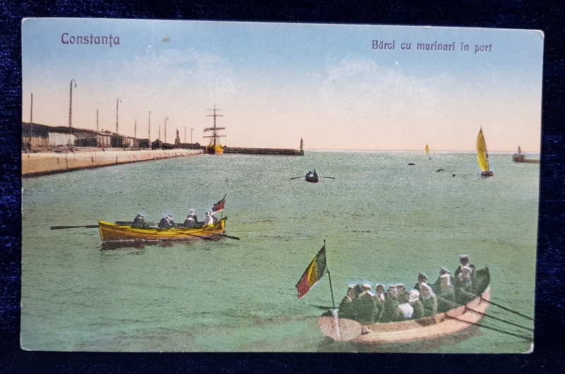 CONSTANTA  - BARCI CU MARINARI IN PORT , CARTE POSTALA ILUSTRATA , POLICROMA, NECIRCULATA , INCEPUTUL SECOLULUI XX