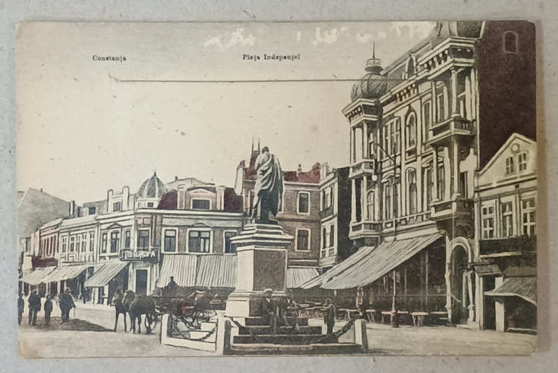 CONSTANTA , PIATA INDEPENDENTEI , CARTE POSTALA DECUPATA CU INSERTIE IN CENTRU CU MICI IMAGINI , INCEPUT  DE SECOL XX