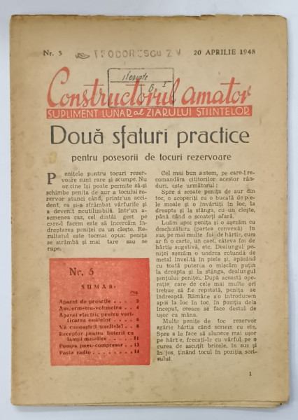 CONSTRUCTORUL AMATOR , SUPLIMENT LUNAR AL ZIARULUI STIINTELOR NR. 5 , 1948