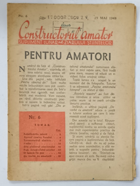 CONSTRUCTORUL AMATOR , SUPLIMENT LUNAR AL ZIARULUI STIINTELOR NR. 6 , 1948